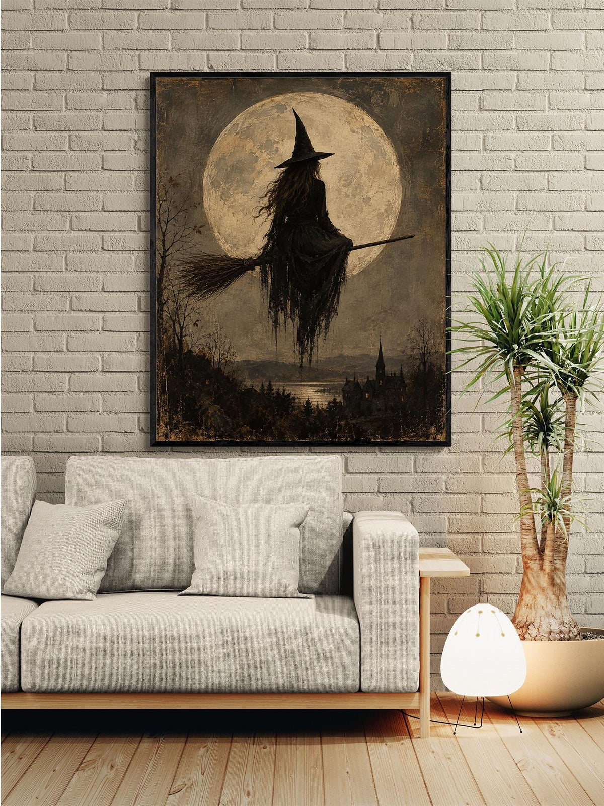 Gothic Witch Moon Art Print, Vintage Halloween, Broomstick, Landscape Wall Home Decor