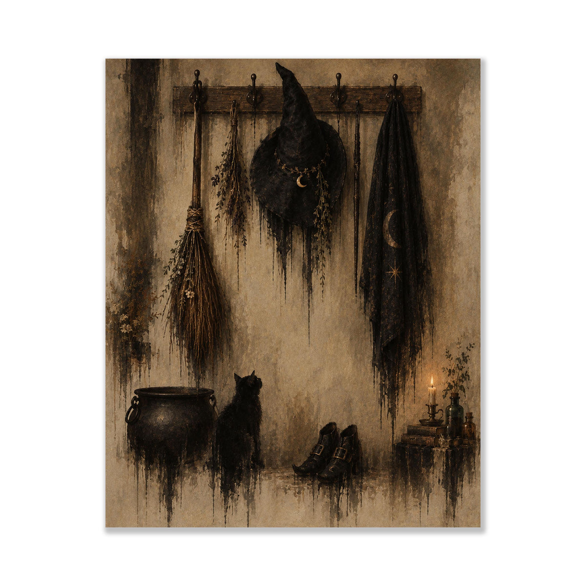 Halloween Witch’s Coat Rack Art Print, Vintage, Broomstick, Fall Wall Home Decor