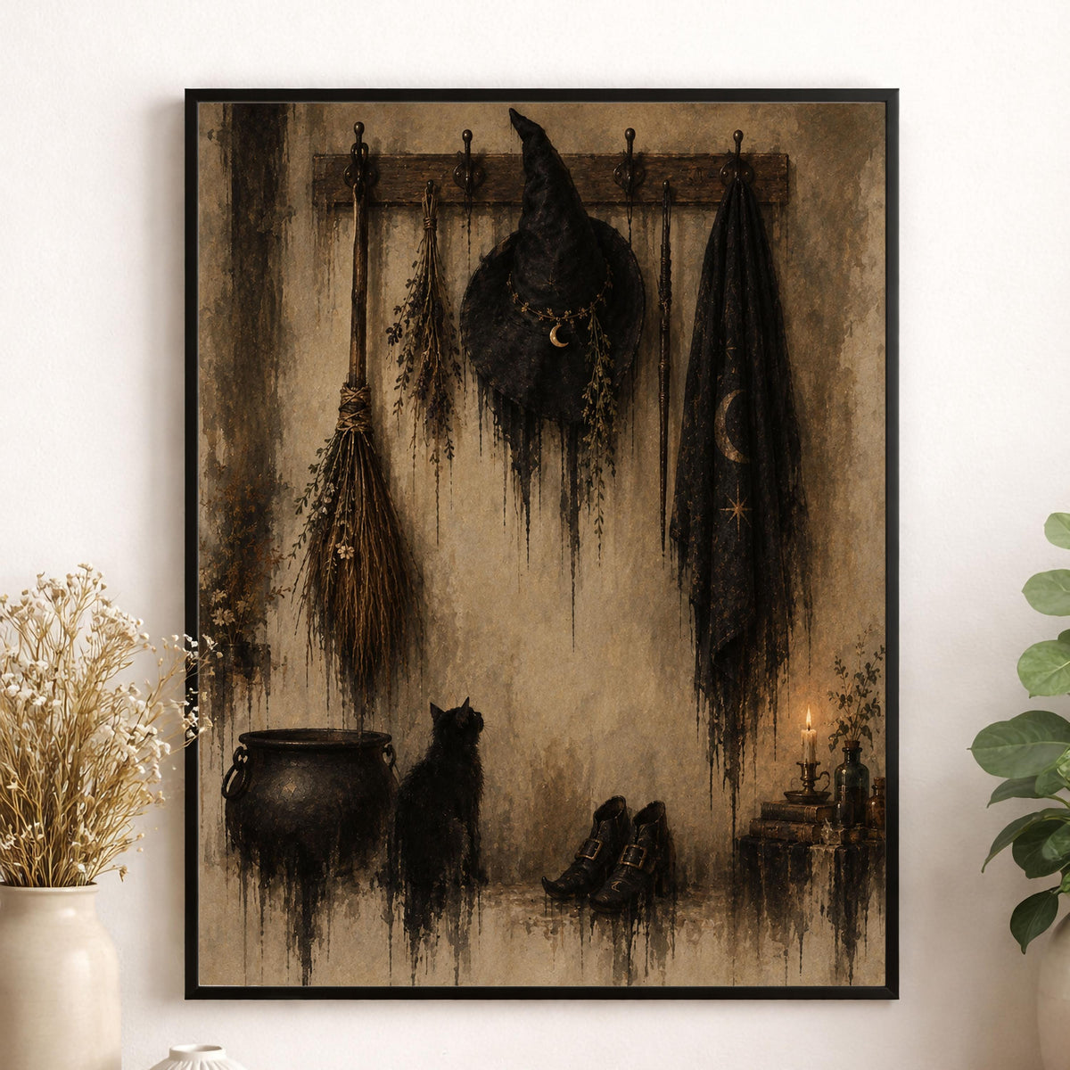 Halloween Witch’s Coat Rack Art Print, Vintage, Broomstick, Fall Wall Home Decor