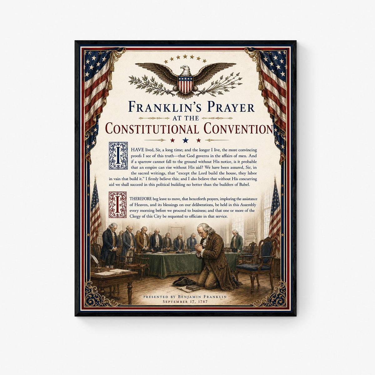 Benjamin Franklin Prayer Art Print | 1787 Constitutional Convention | American History | USA Home Decor