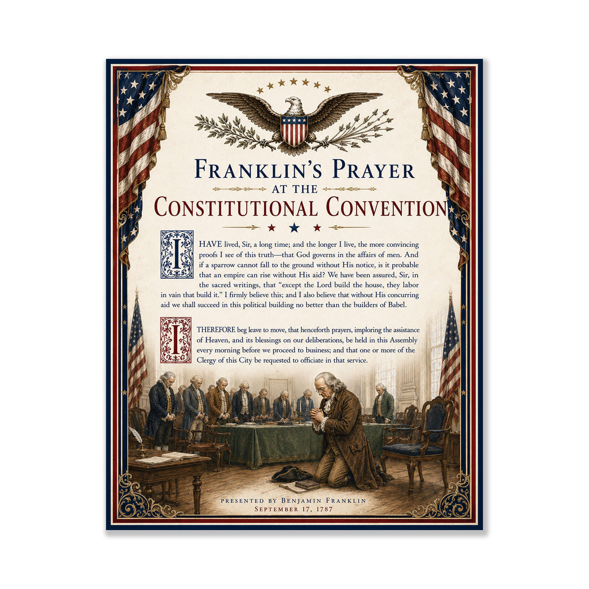 Benjamin Franklin Prayer Art Print | 1787 Constitutional Convention | American History | USA Home Decor