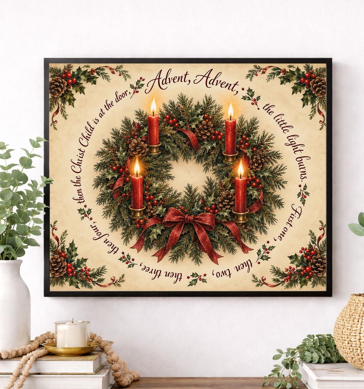 Advent Wreath Art Print, Traditional German Christmas Advent Poem, Home Decor