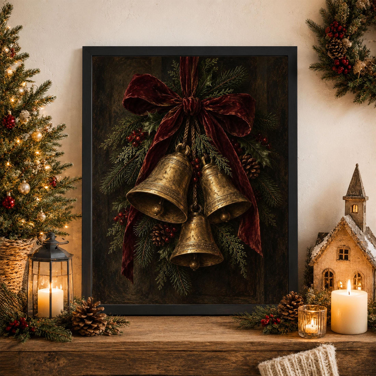 Christmas Bells Art Print, Vintage Holiday Wall Artwork, Home Decor