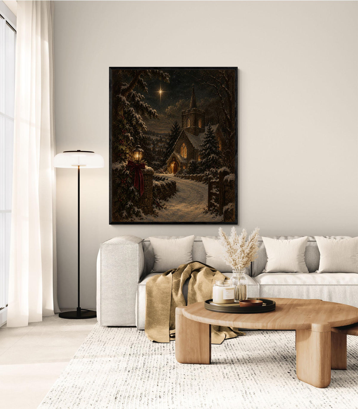 Christmas Church Art Print, Snowy Village, Nativity Star, Vintage Holiday Wall Artwork, Home Decor