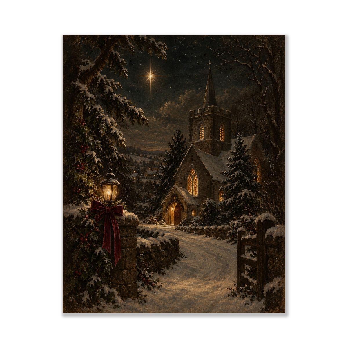 Christmas Church Art Print, Snowy Village, Nativity Star, Vintage Holiday Wall Artwork, Home Decor