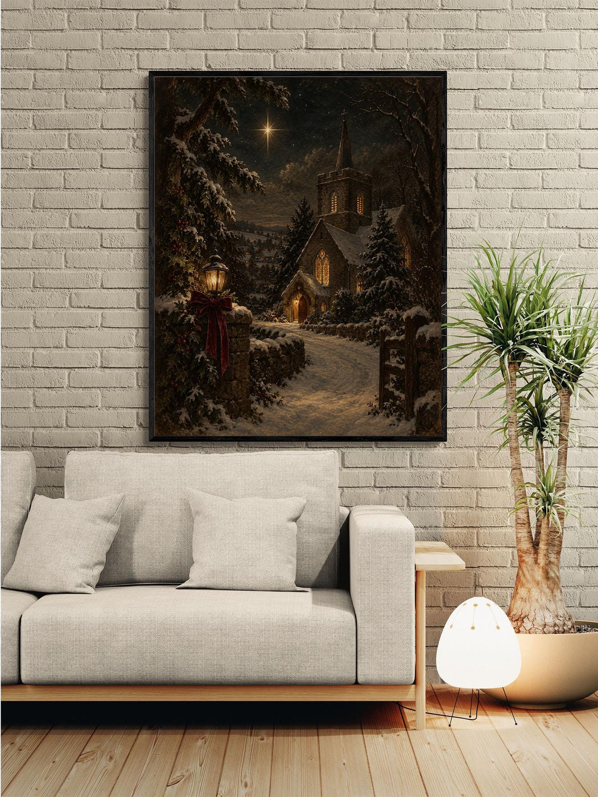 Christmas Church Art Print, Snowy Village, Nativity Star, Vintage Holiday Wall Artwork, Home Decor