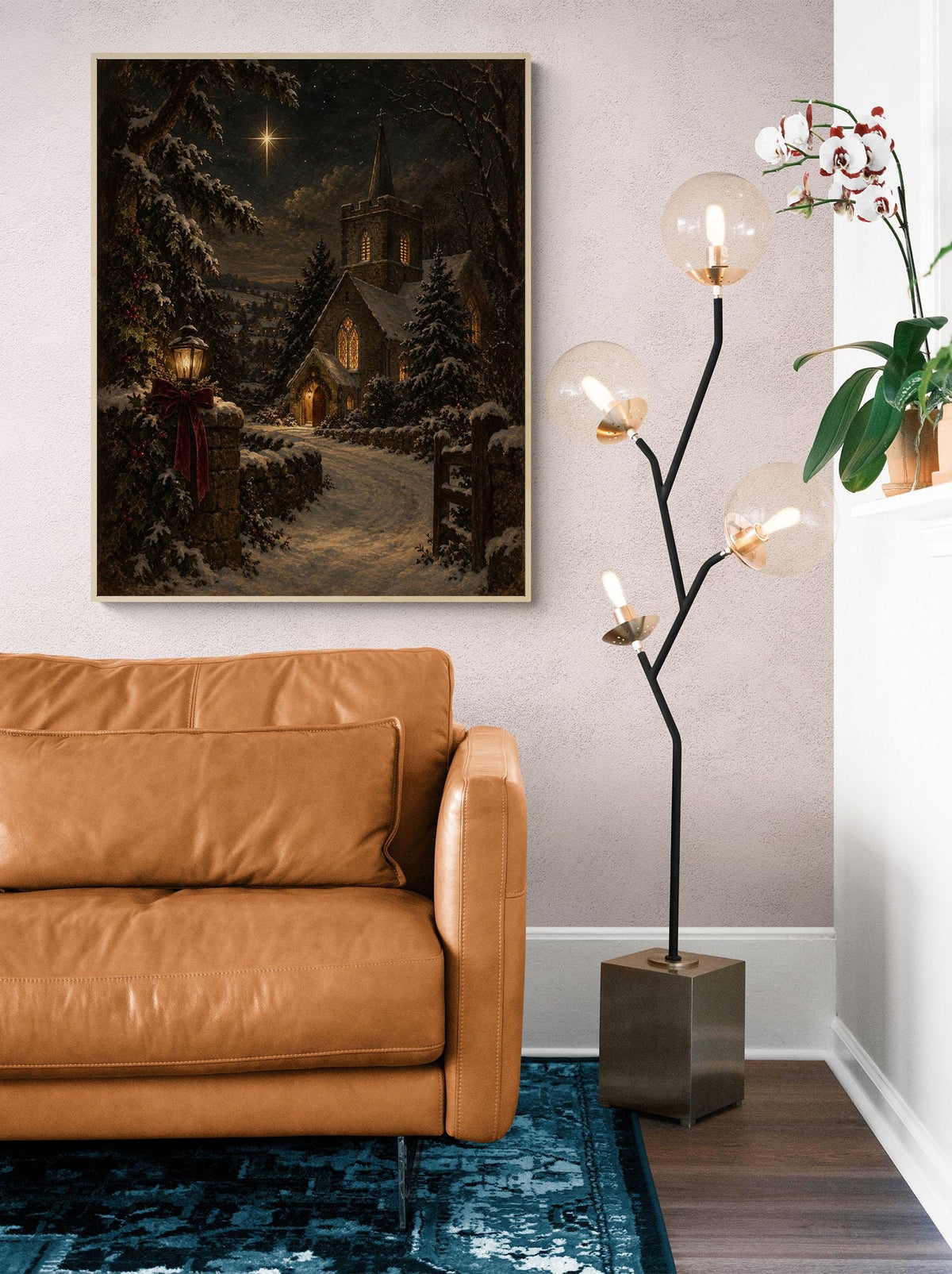 Christmas Church Art Print, Snowy Village, Nativity Star, Vintage Holiday Wall Artwork, Home Decor