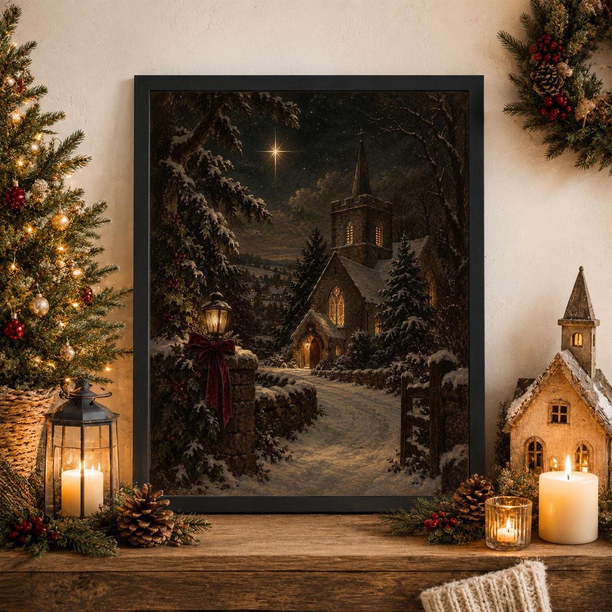 Christmas Church Art Print, Snowy Village, Nativity Star, Vintage Holiday Wall Artwork, Home Decor