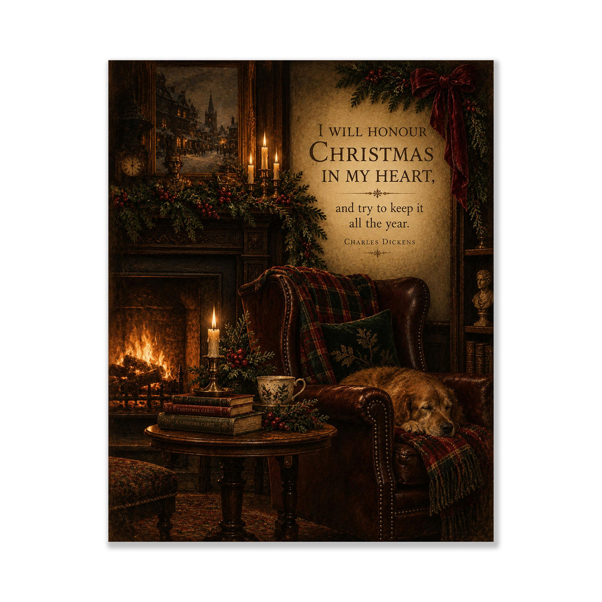 I Will Honor Christmas Wall Art Print, Charles Dickens Quote, A Christmas Carol, Vintage Holiday Home Decor