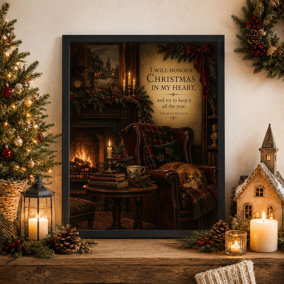 I Will Honor Christmas Wall Art Print, Charles Dickens Quote, A Christmas Carol, Vintage Holiday Home Decor