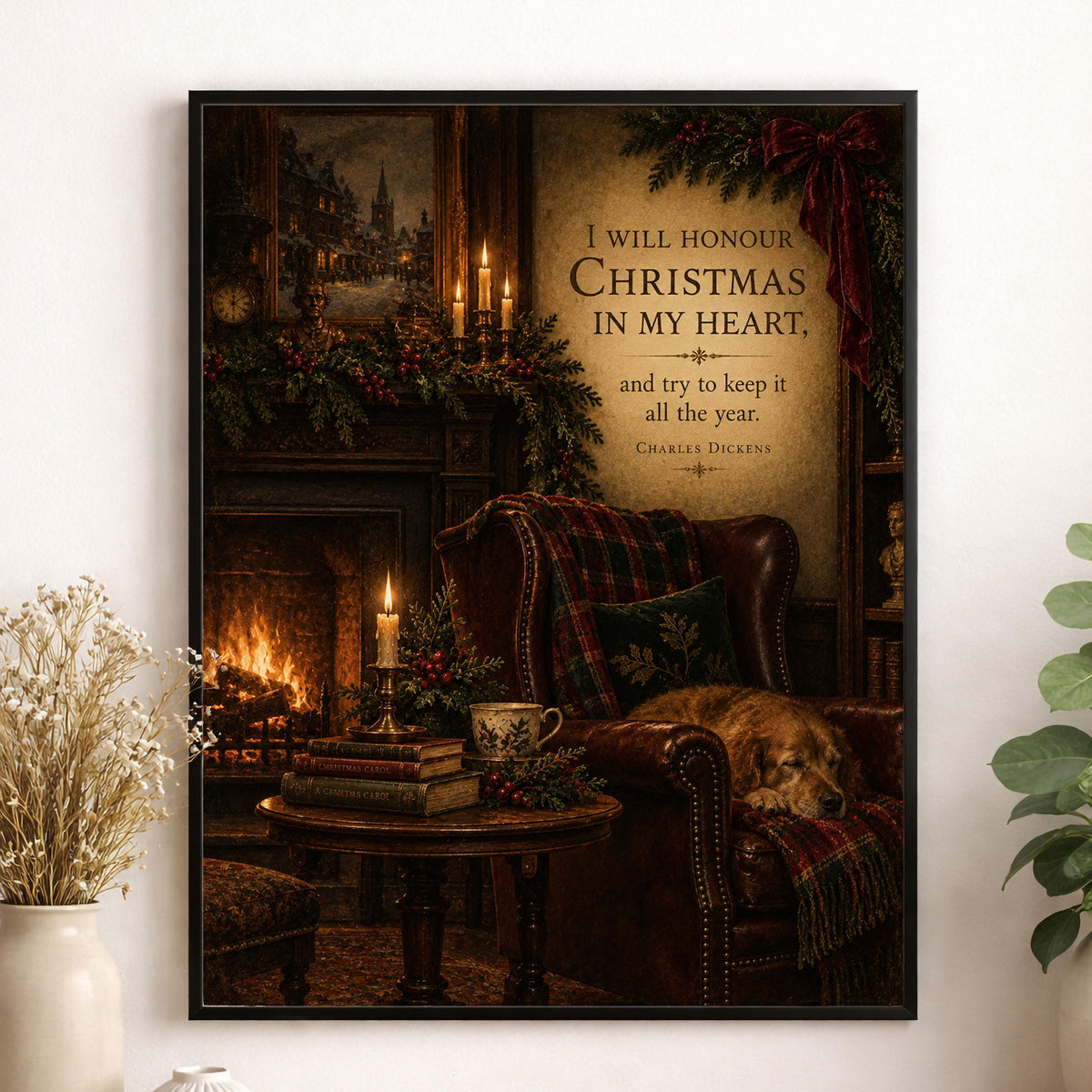 I Will Honor Christmas Wall Art Print, Charles Dickens Quote, A Christmas Carol, Vintage Holiday Home Decor