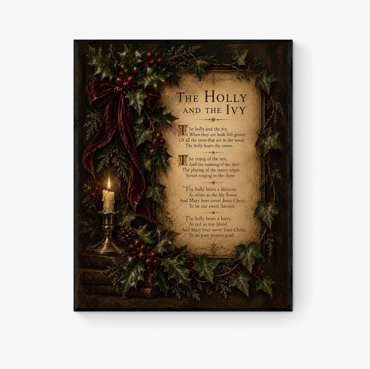 Holly And The Ivy Wall Art Print, Christmas Winter Poem, Vintage Holiday Home Decor