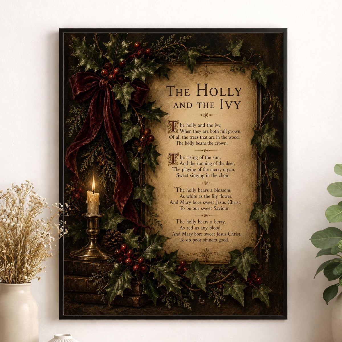 Holly And The Ivy Wall Art Print, Christmas Winter Poem, Vintage Holiday Home Decor