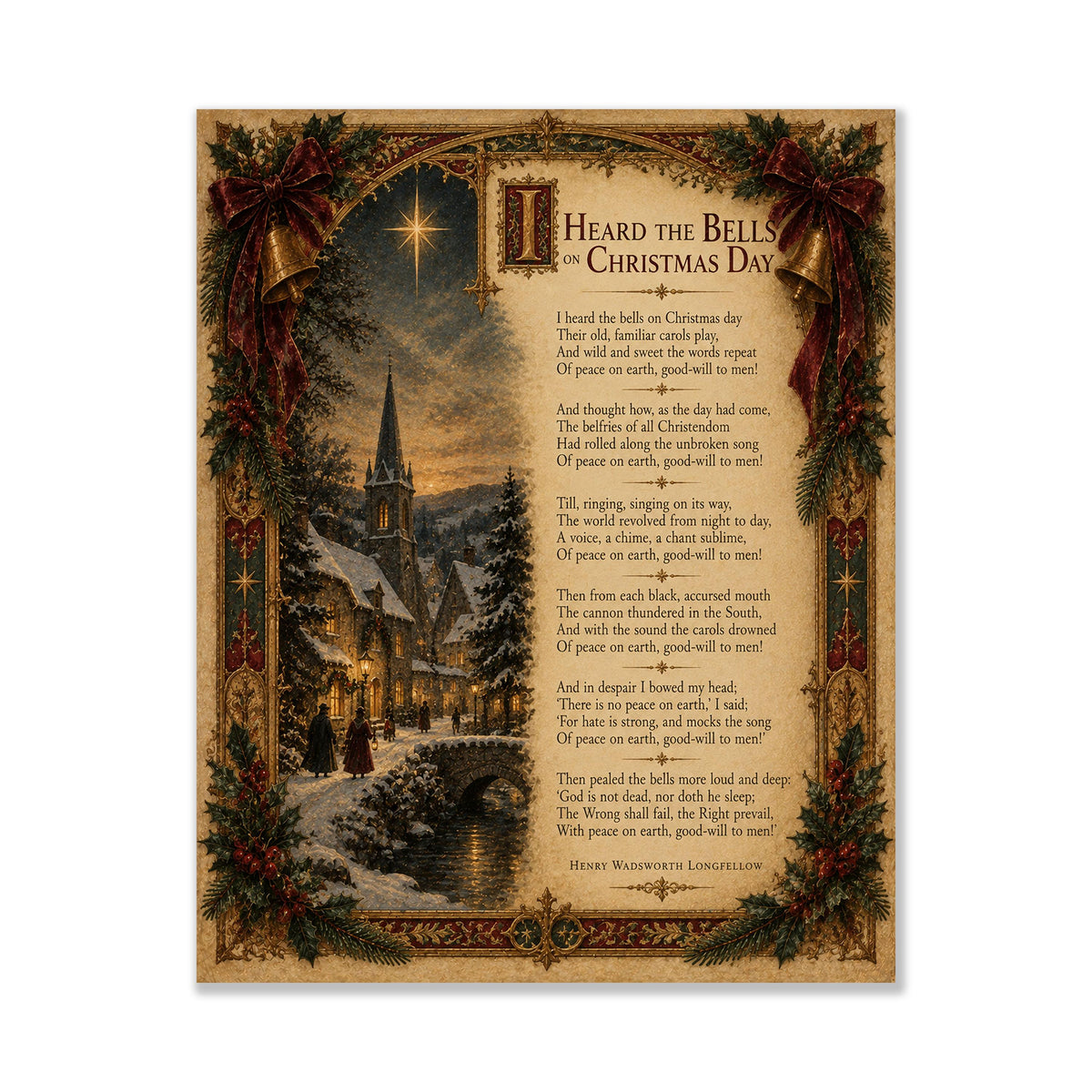 I Heard The Bells On Christmas Art Print, Longfellow Winter Poem, Vintage Holiday Home Decor