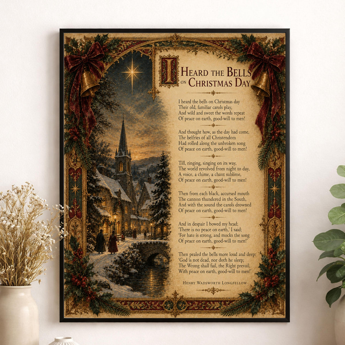 I Heard The Bells On Christmas Art Print, Longfellow Winter Poem, Vintage Holiday Home Decor