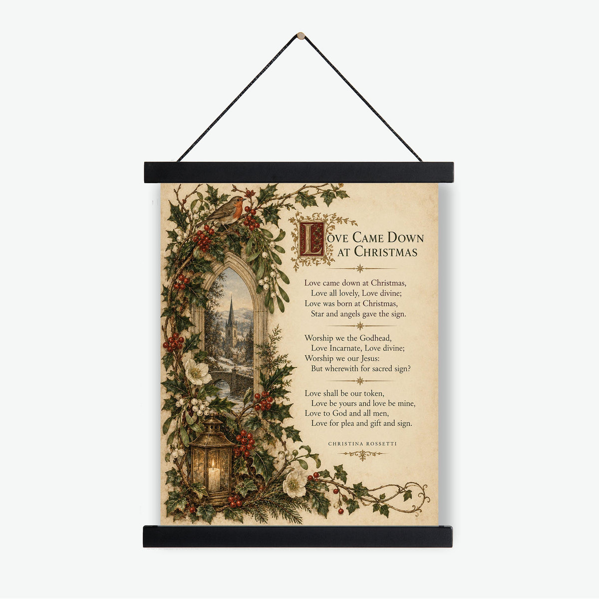 Love Came Down At Christmas Wall Art Print, Christina Rossetti Winter Poem, Vintage Holiday Home Decor