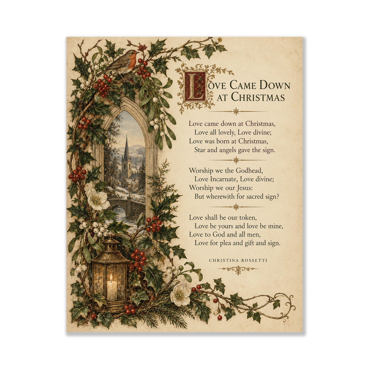 Love Came Down At Christmas Wall Art Print, Christina Rossetti Winter Poem, Vintage Holiday Home Decor