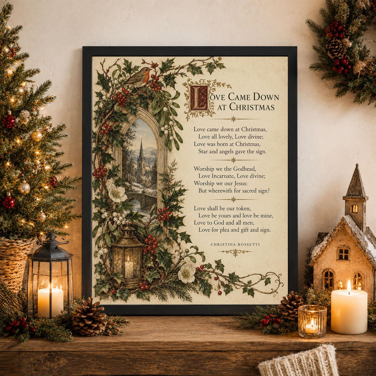 Love Came Down At Christmas Wall Art Print, Christina Rossetti Winter Poem, Vintage Holiday Home Decor