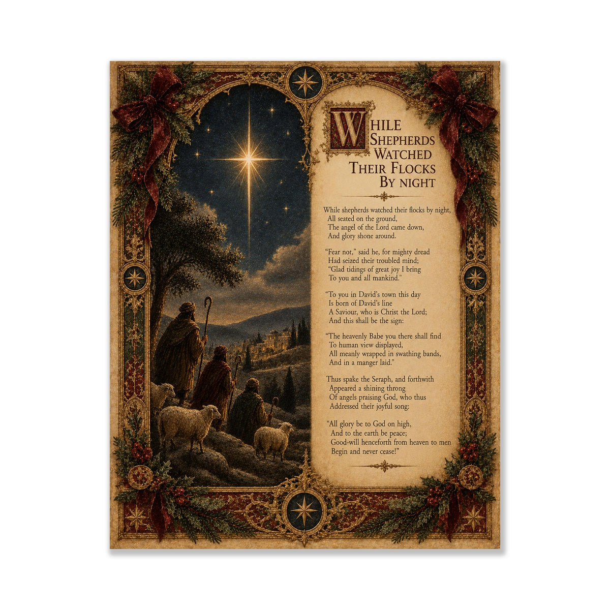 While Shepherds Watched Wall Art Print, Christmas Nativity Hymn, Nahum Tate, Christian Home Decor