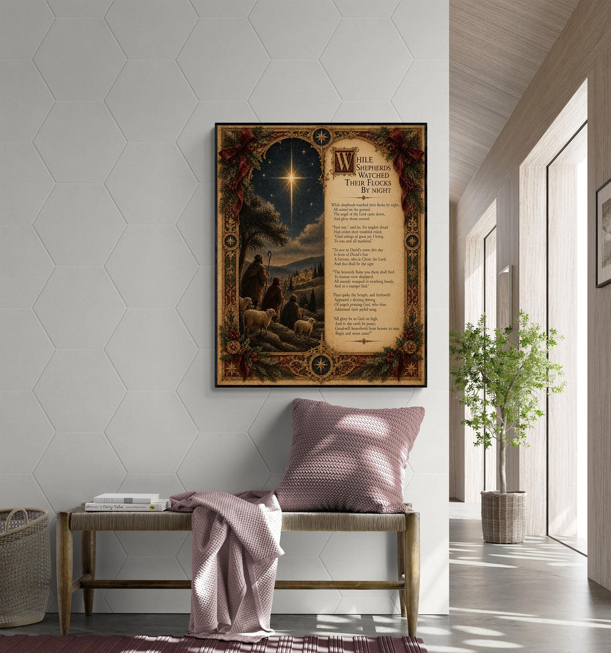 While Shepherds Watched Wall Art Print, Christmas Nativity Hymn, Nahum Tate, Christian Home Decor