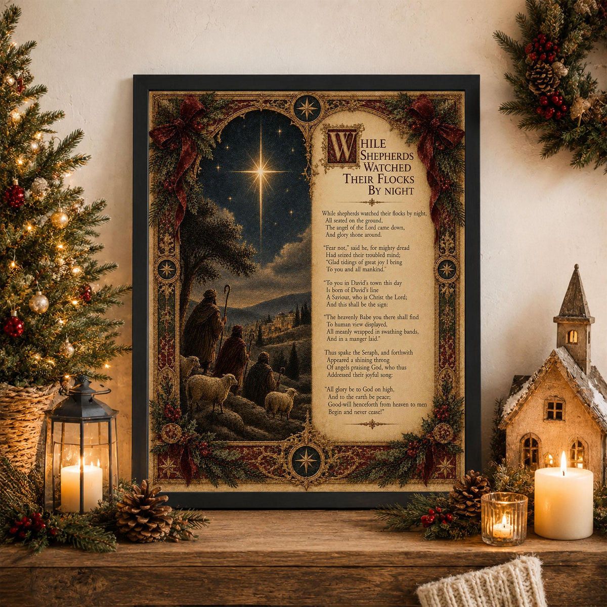 While Shepherds Watched Wall Art Print, Christmas Nativity Hymn, Nahum Tate, Christian Home Decor