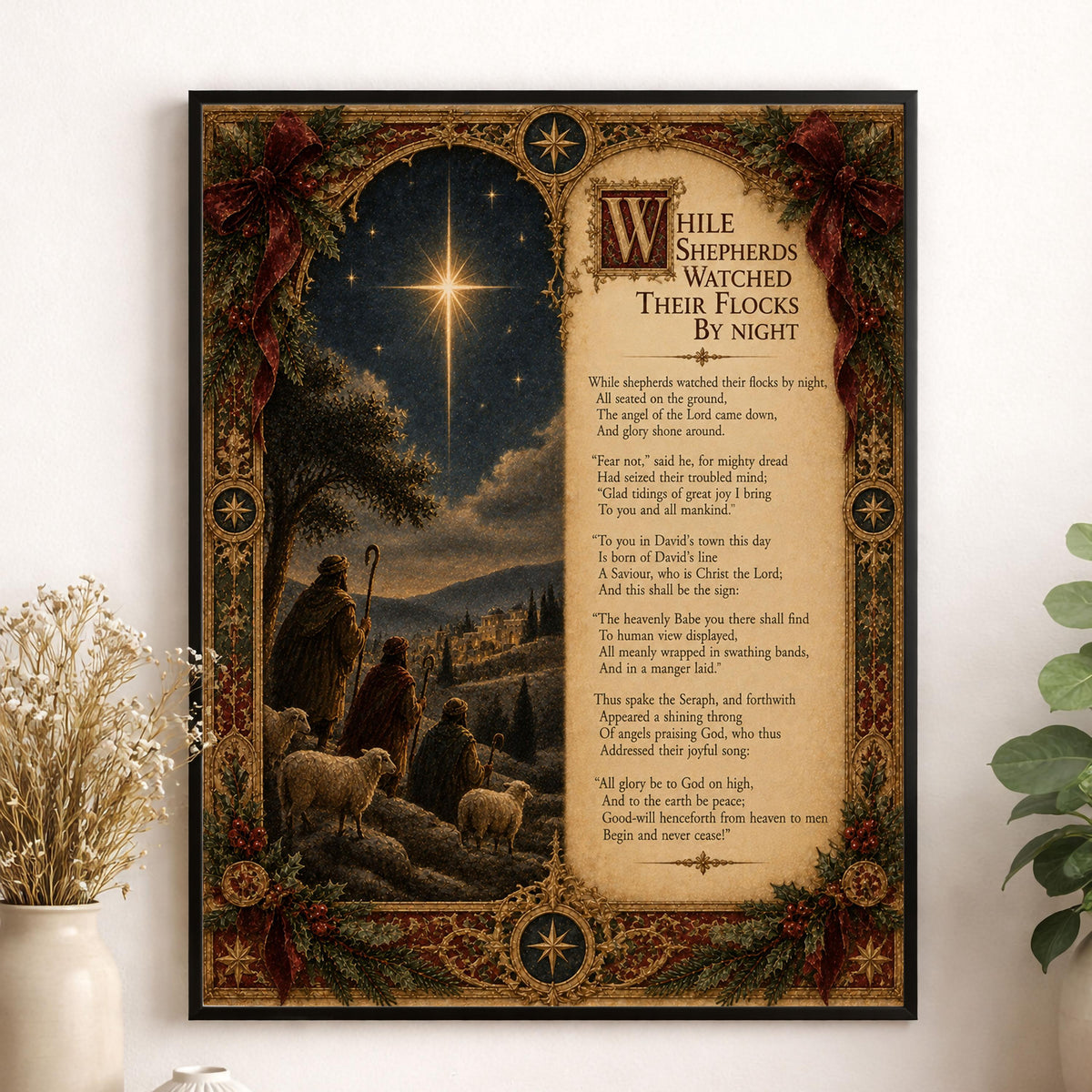 While Shepherds Watched Wall Art Print, Christmas Nativity Hymn, Nahum Tate, Christian Home Decor