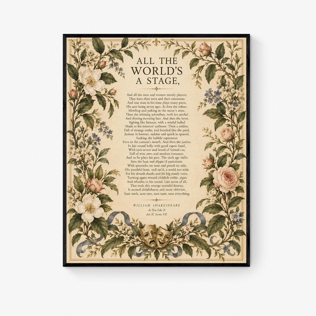 Shakespeare All the World’s a Stage Art Print, As You Like It, Literary Wall Home Decor