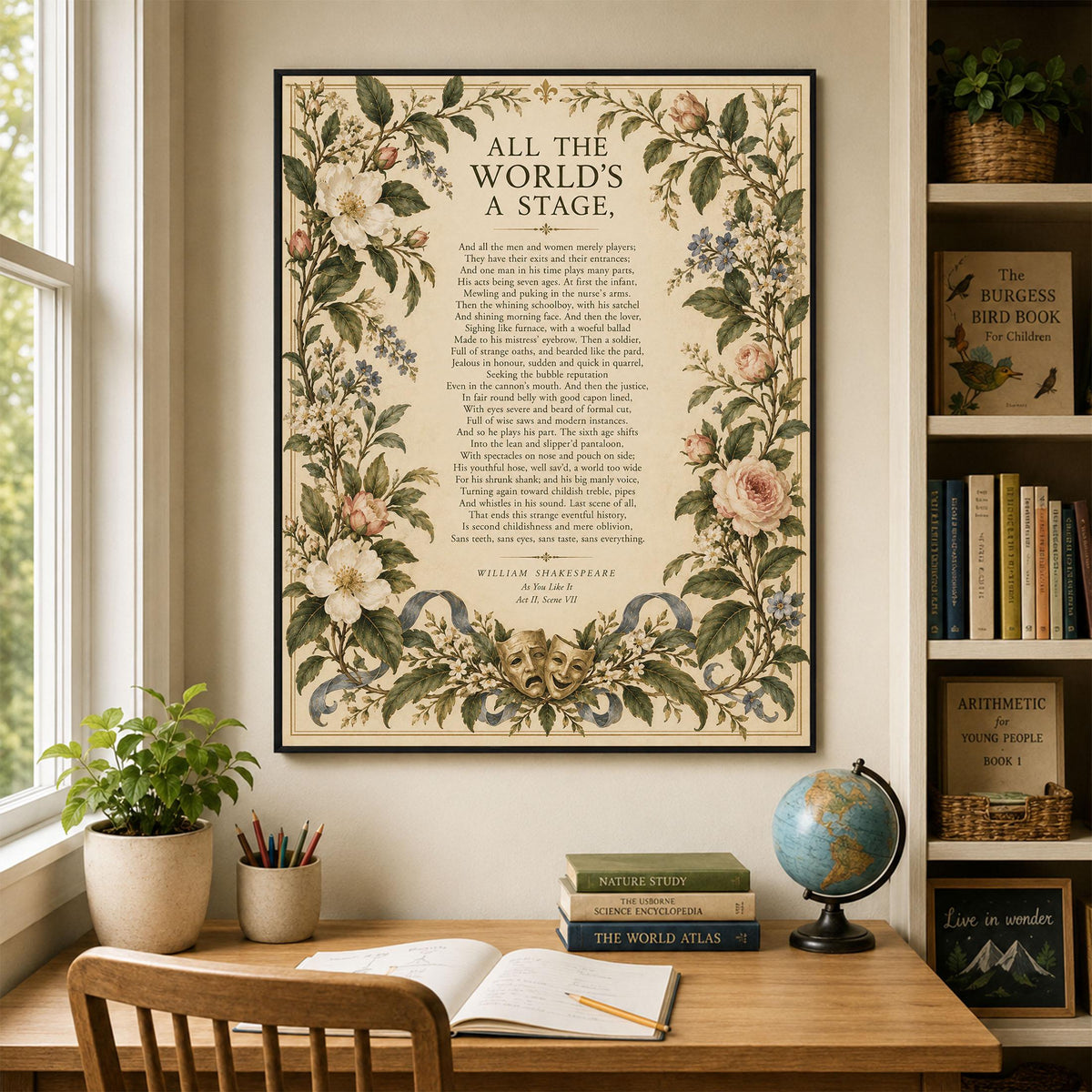 Shakespeare All the World’s a Stage Art Print, As You Like It, Literary Wall Home Decor