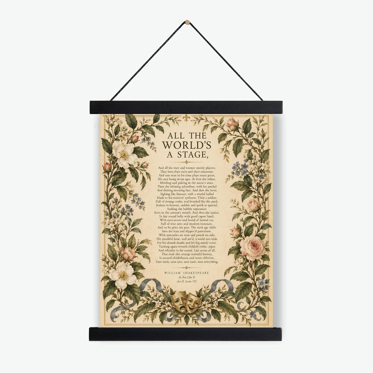 Shakespeare All the World’s a Stage Art Print, As You Like It, Literary Wall Home Decor