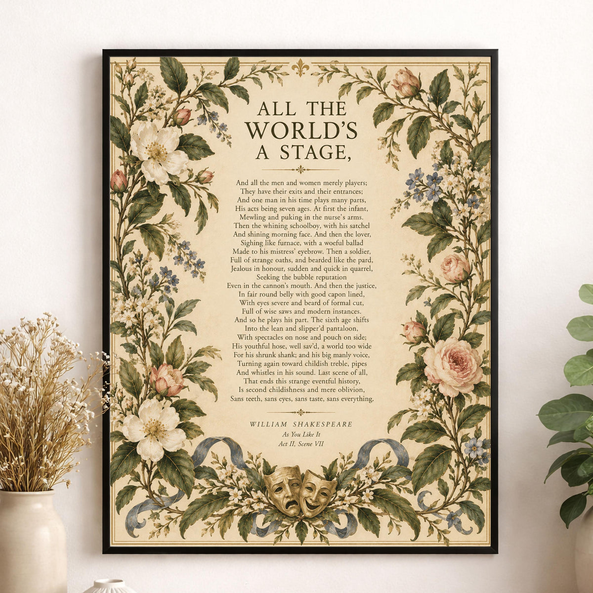 Shakespeare All the World’s a Stage Art Print, As You Like It, Literary Wall Home Decor