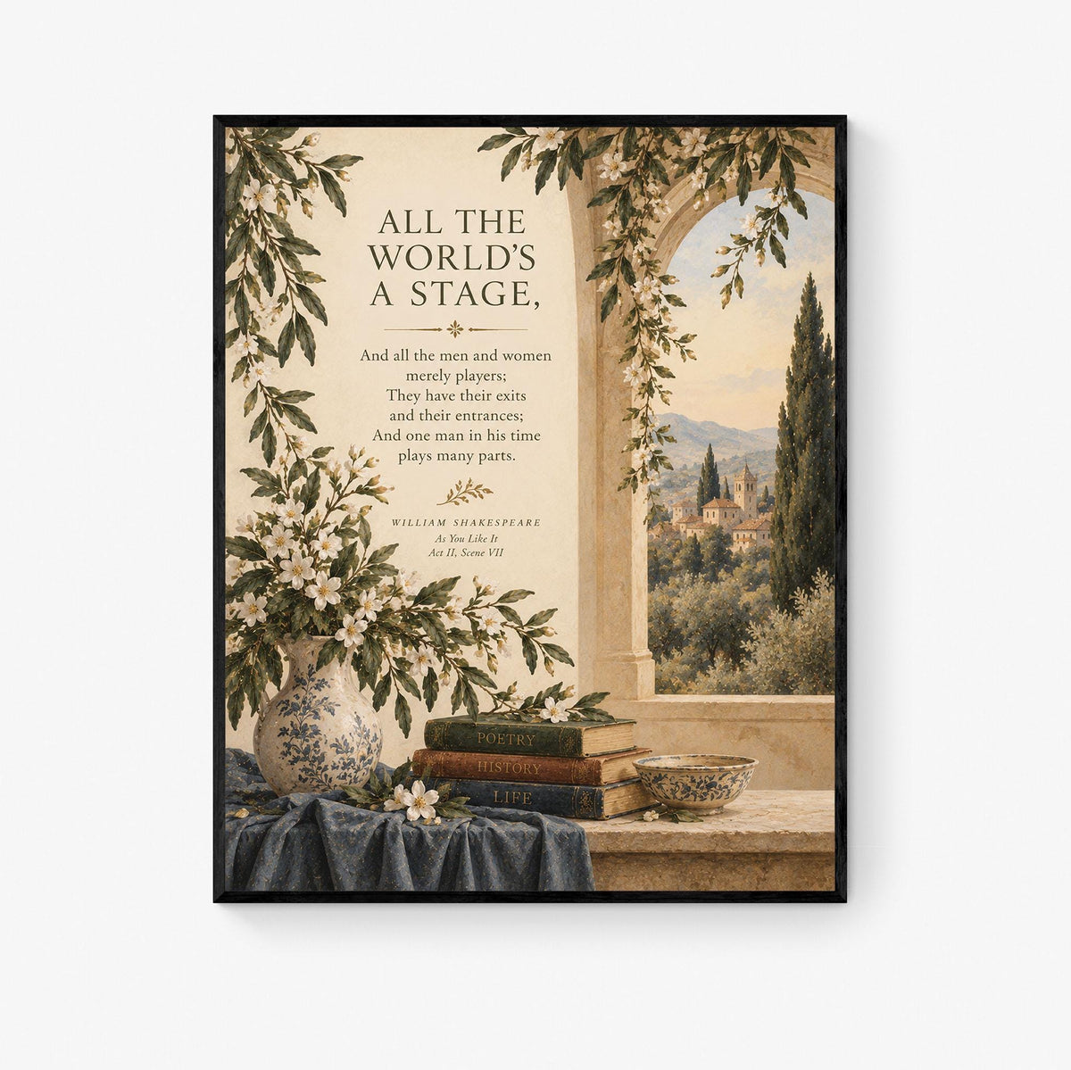 Shakespeare All the World’s a Stage Art Print, As You Like It Landscape, Literary Wall Home Decor