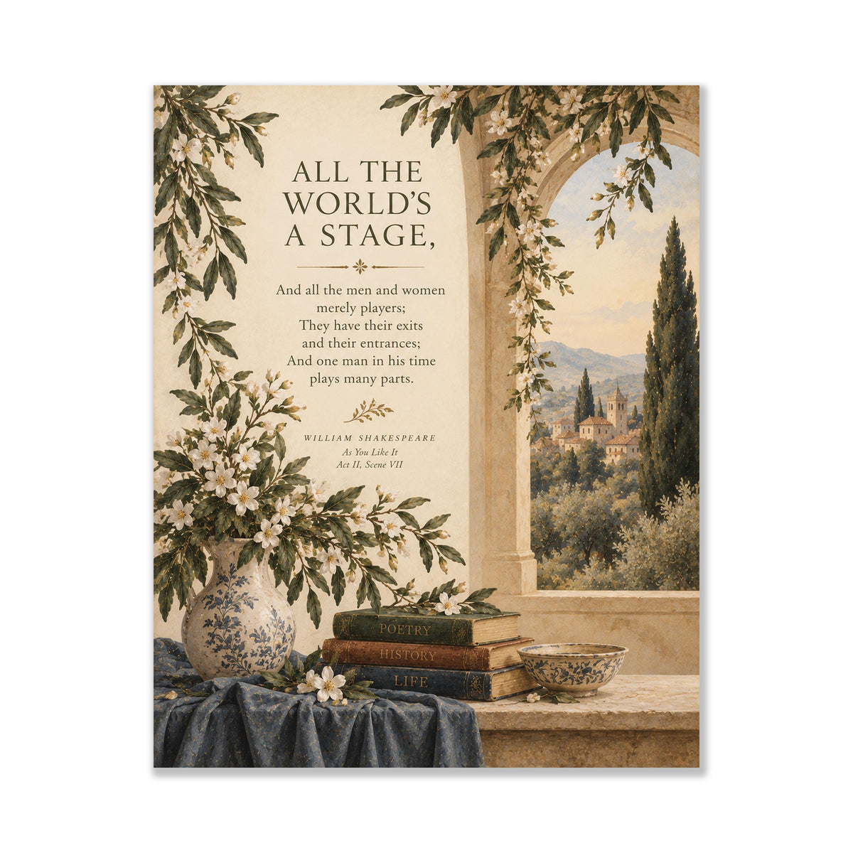 Shakespeare All the World’s a Stage Art Print, As You Like It Landscape, Literary Wall Home Decor