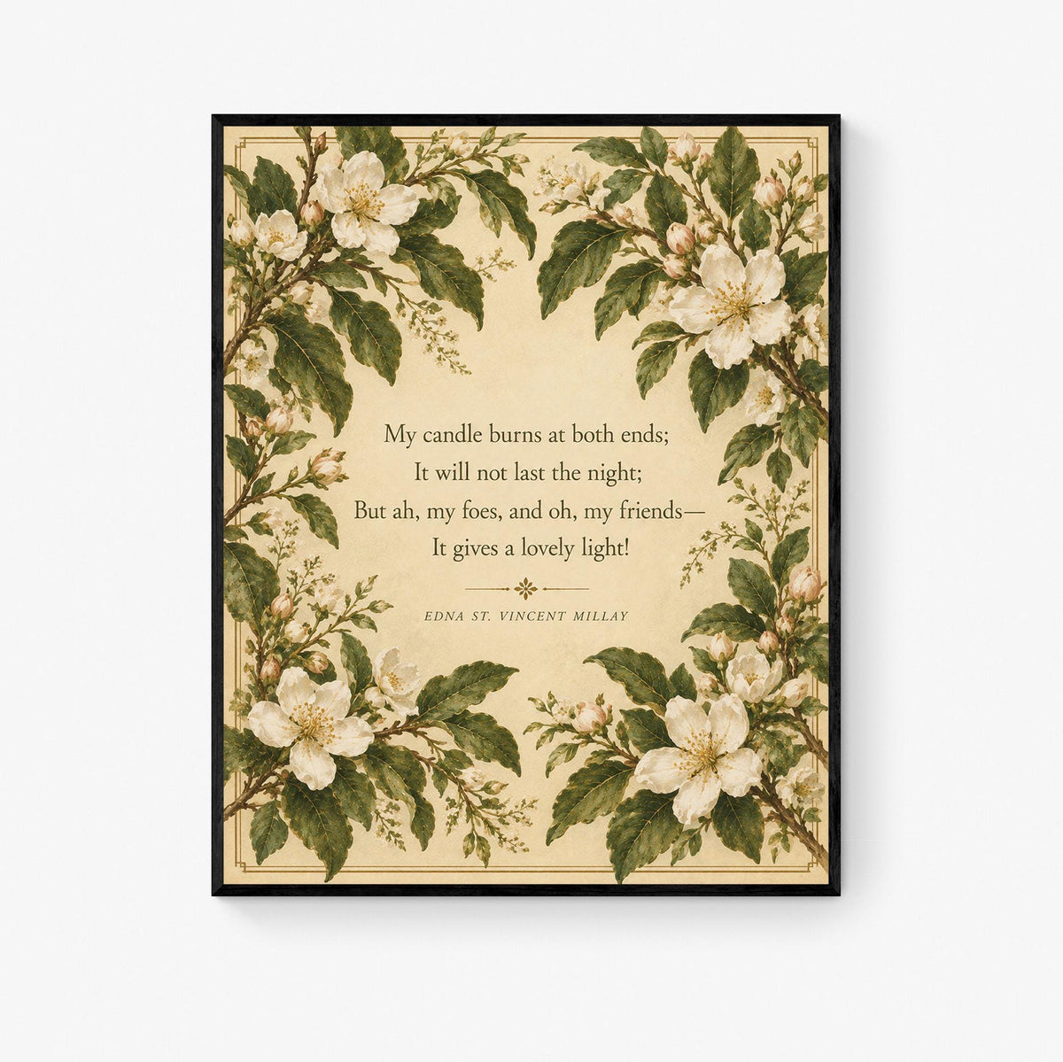 First Fig Quote Art Print | My Candle Burns at Both Ends | Edna Millay | Poetry | Botanical Home Decor | Literary Poster