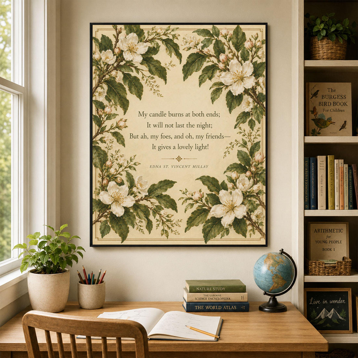 First Fig Quote Art Print | My Candle Burns at Both Ends | Edna Millay | Poetry | Botanical Home Decor | Literary Poster