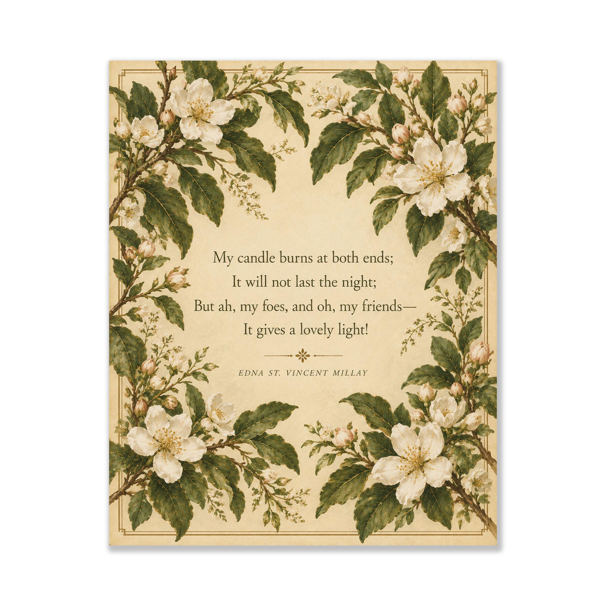 First Fig Quote Art Print | My Candle Burns at Both Ends | Edna Millay | Poetry | Botanical Home Decor | Literary Poster