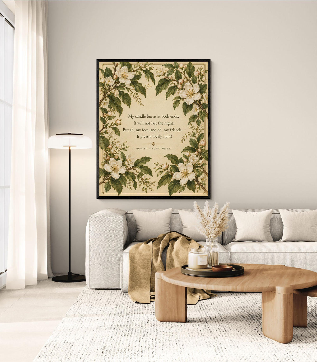 First Fig Quote Art Print | My Candle Burns at Both Ends | Edna Millay | Poetry | Botanical Home Decor | Literary Poster