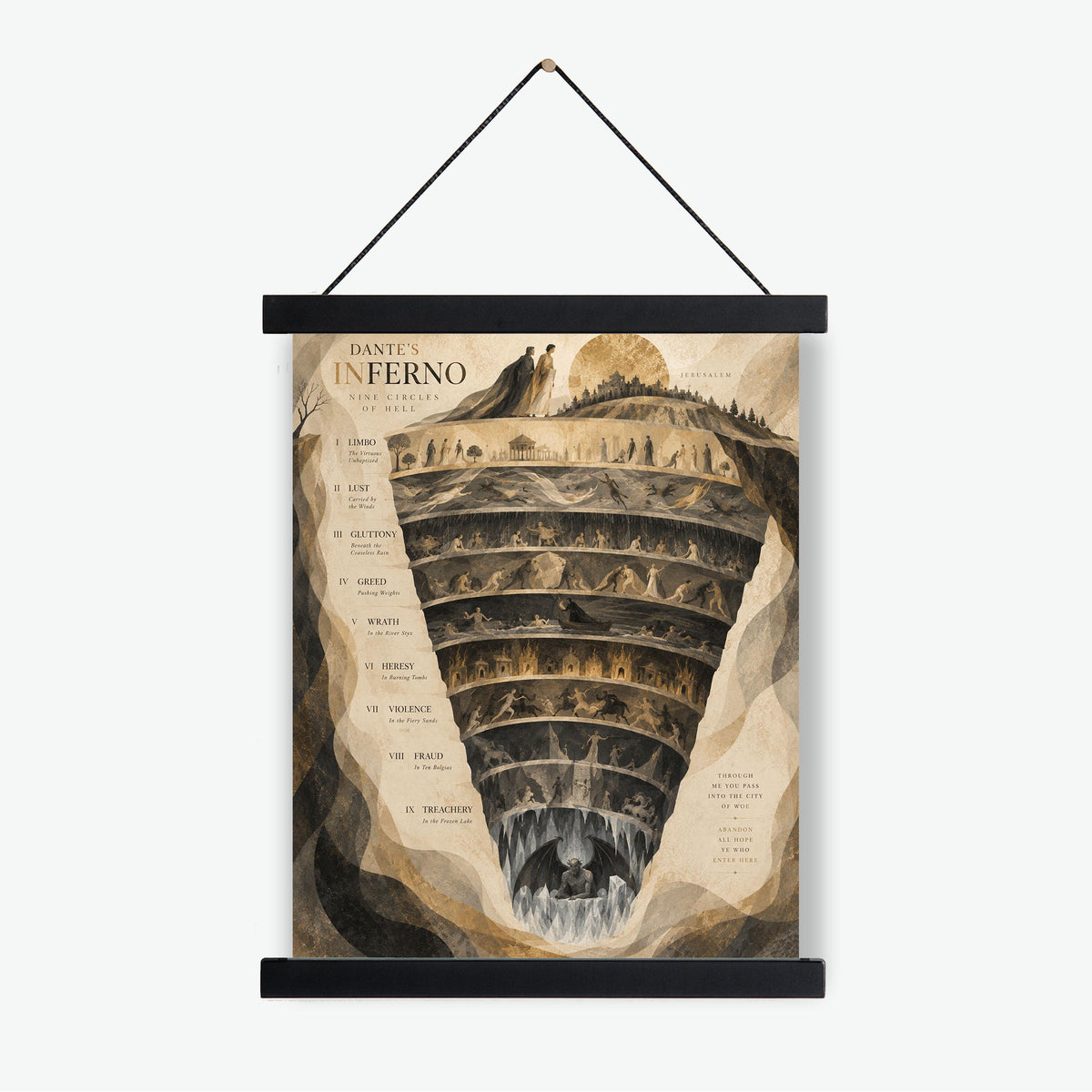 Dante’s Inferno Art Print, Nine Circles of Hell, Beige Wall Home Decor