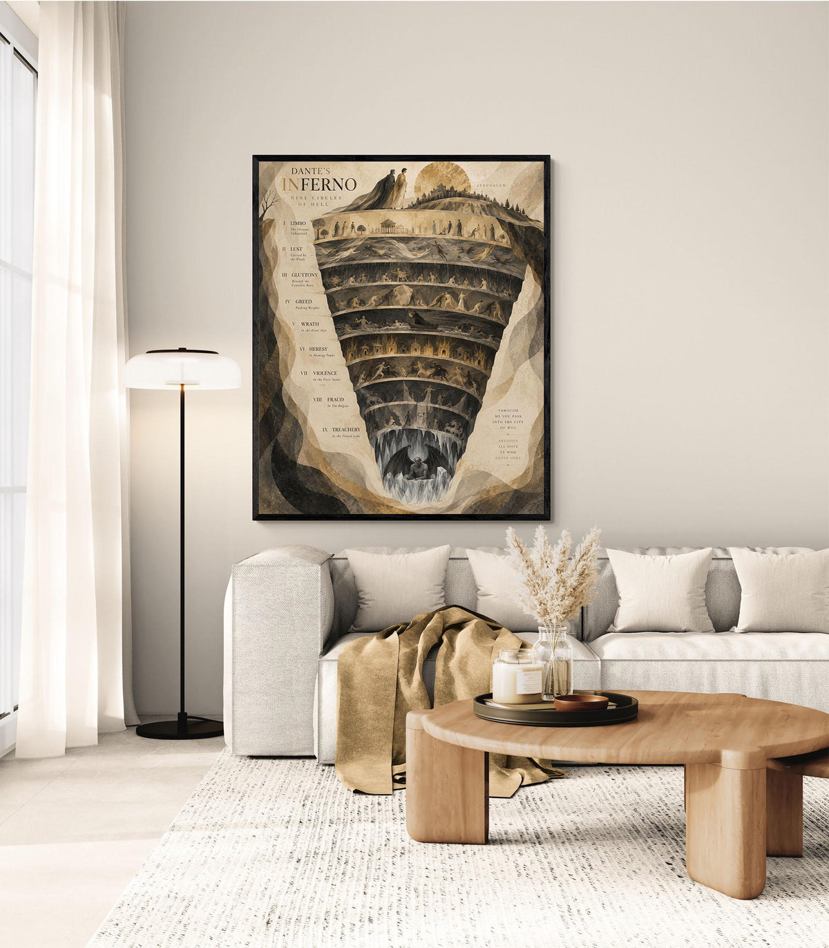 Dante’s Inferno Art Print, Nine Circles of Hell, Beige Wall Home Decor