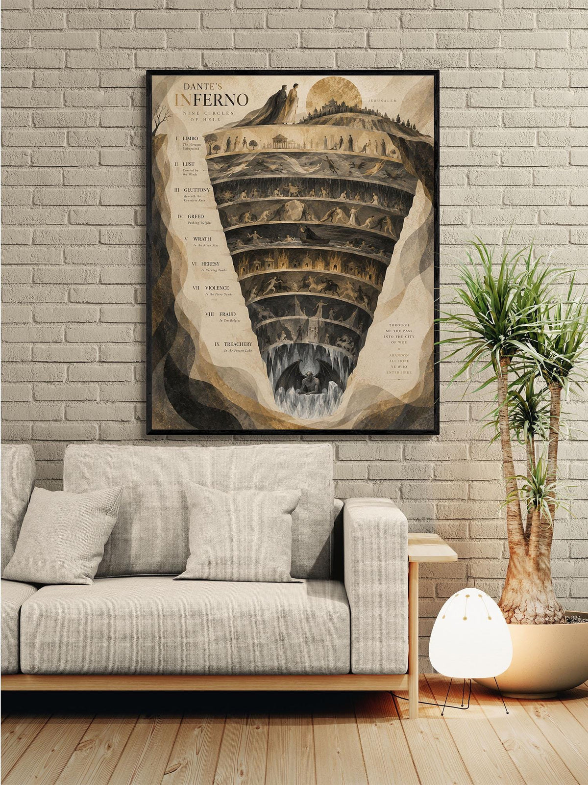 Dante’s Inferno Art Print, Nine Circles of Hell, Beige Wall Home Decor