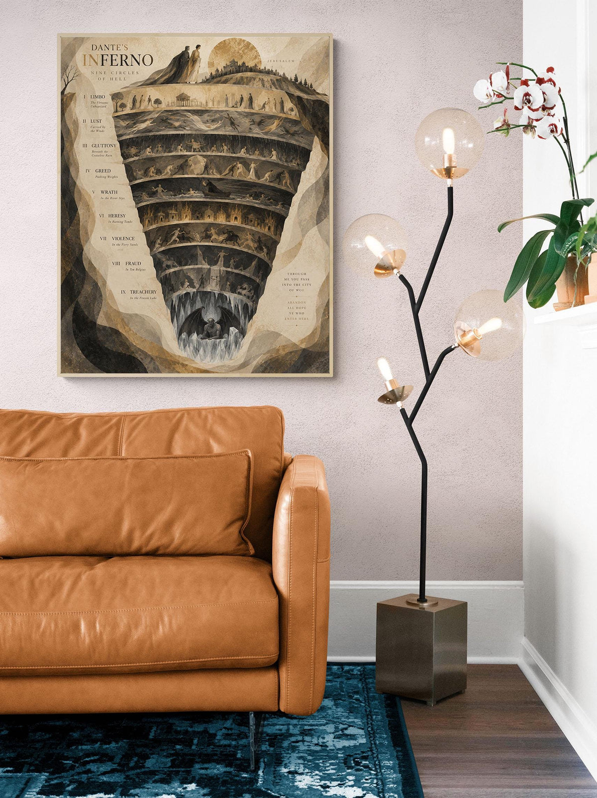 Dante’s Inferno Art Print, Nine Circles of Hell, Beige Wall Home Decor