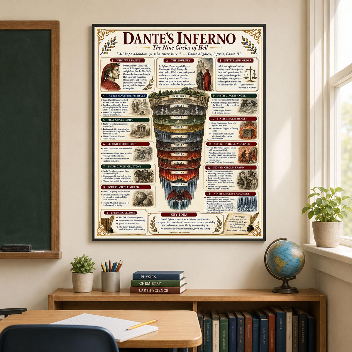 Dantes Inferno Chart Wall Art Print, Classical Learning Poster, Teacher Classroom Reference, Homeschool, Literature Room Decor