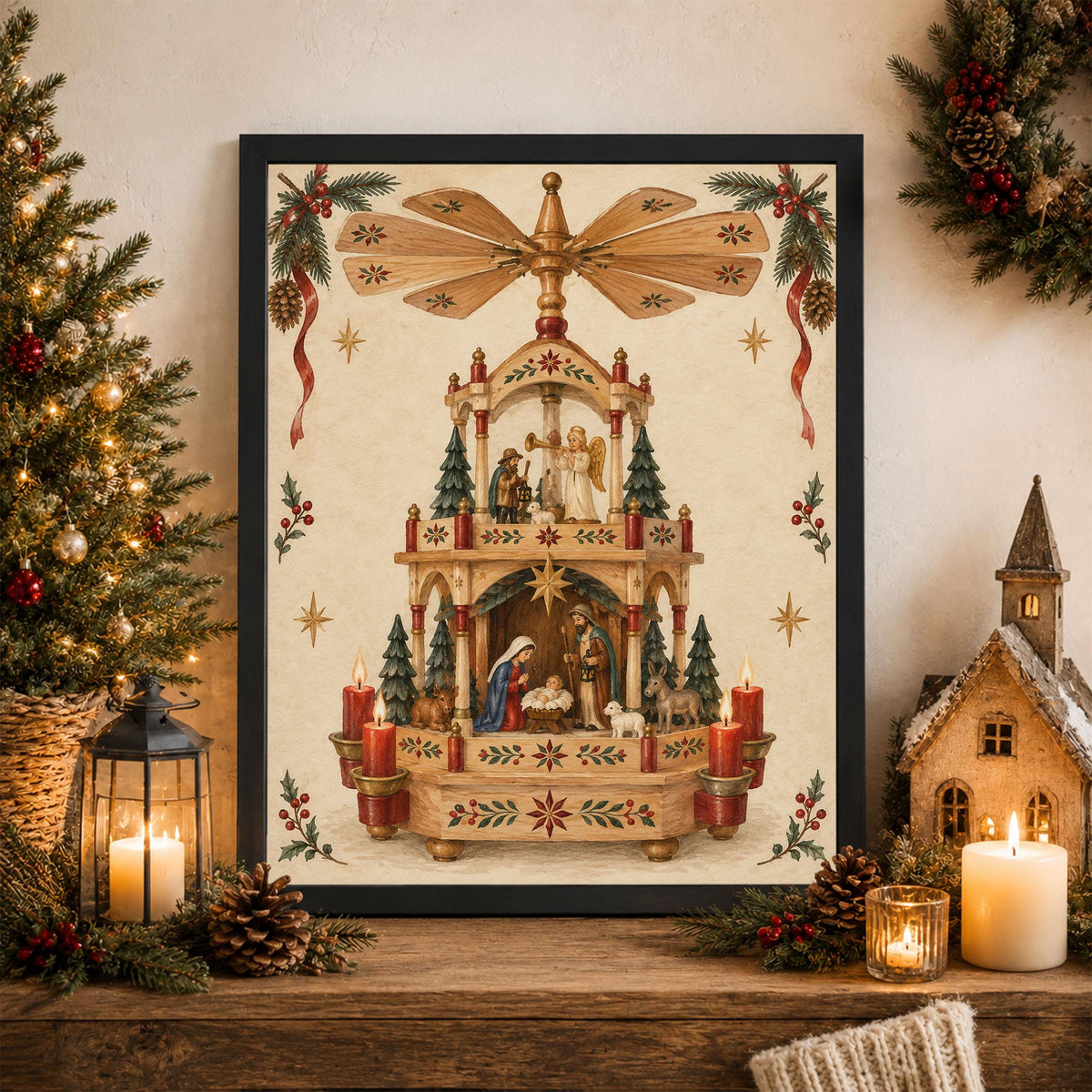 Christmas Pyramid Wall Art Print, Vintage German Holiday, Nativity Home Decor