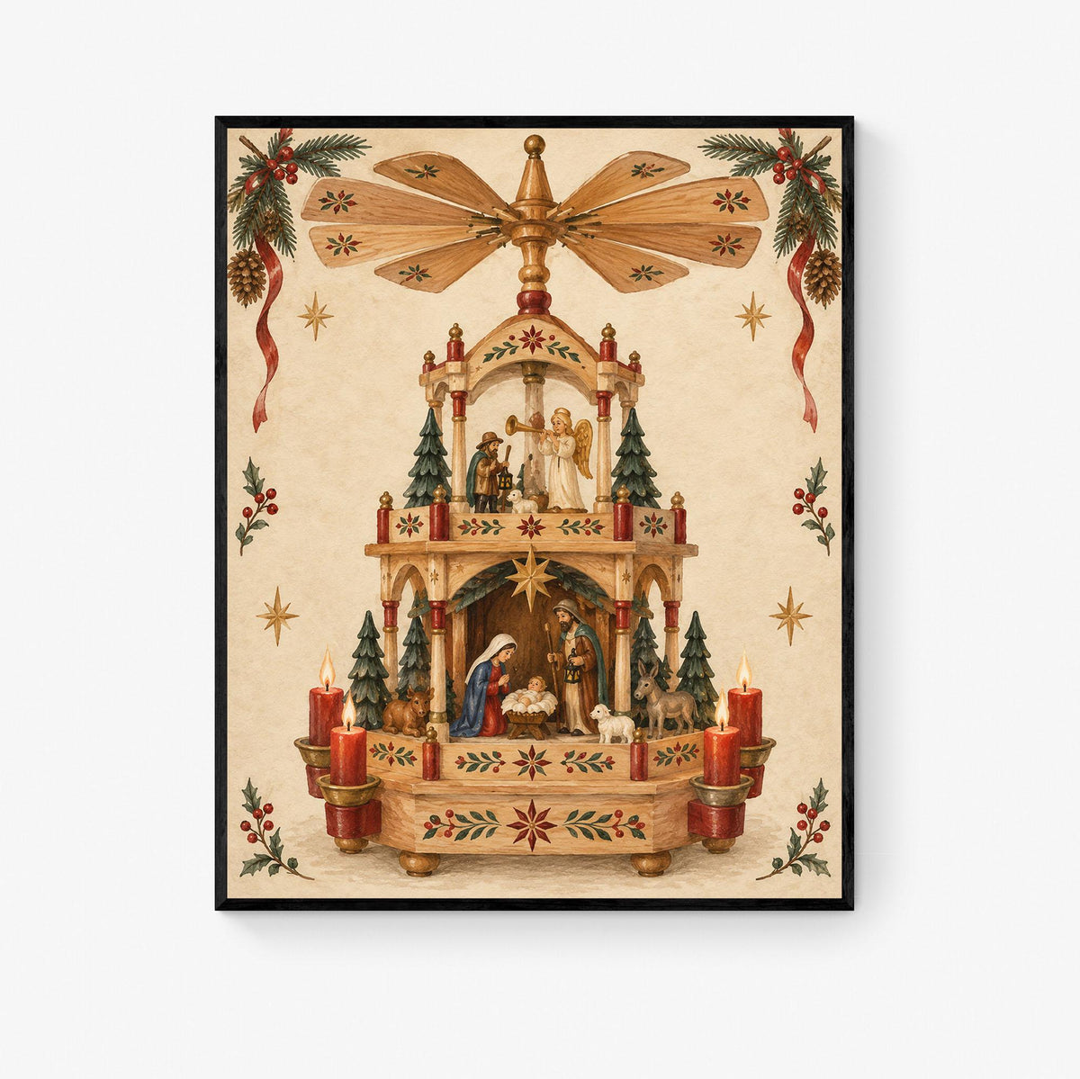Christmas Pyramid Wall Art Print, Vintage German Holiday, Nativity Home Decor
