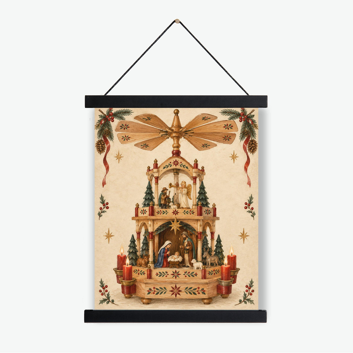 Christmas Pyramid Wall Art Print, Vintage German Holiday, Nativity Home Decor