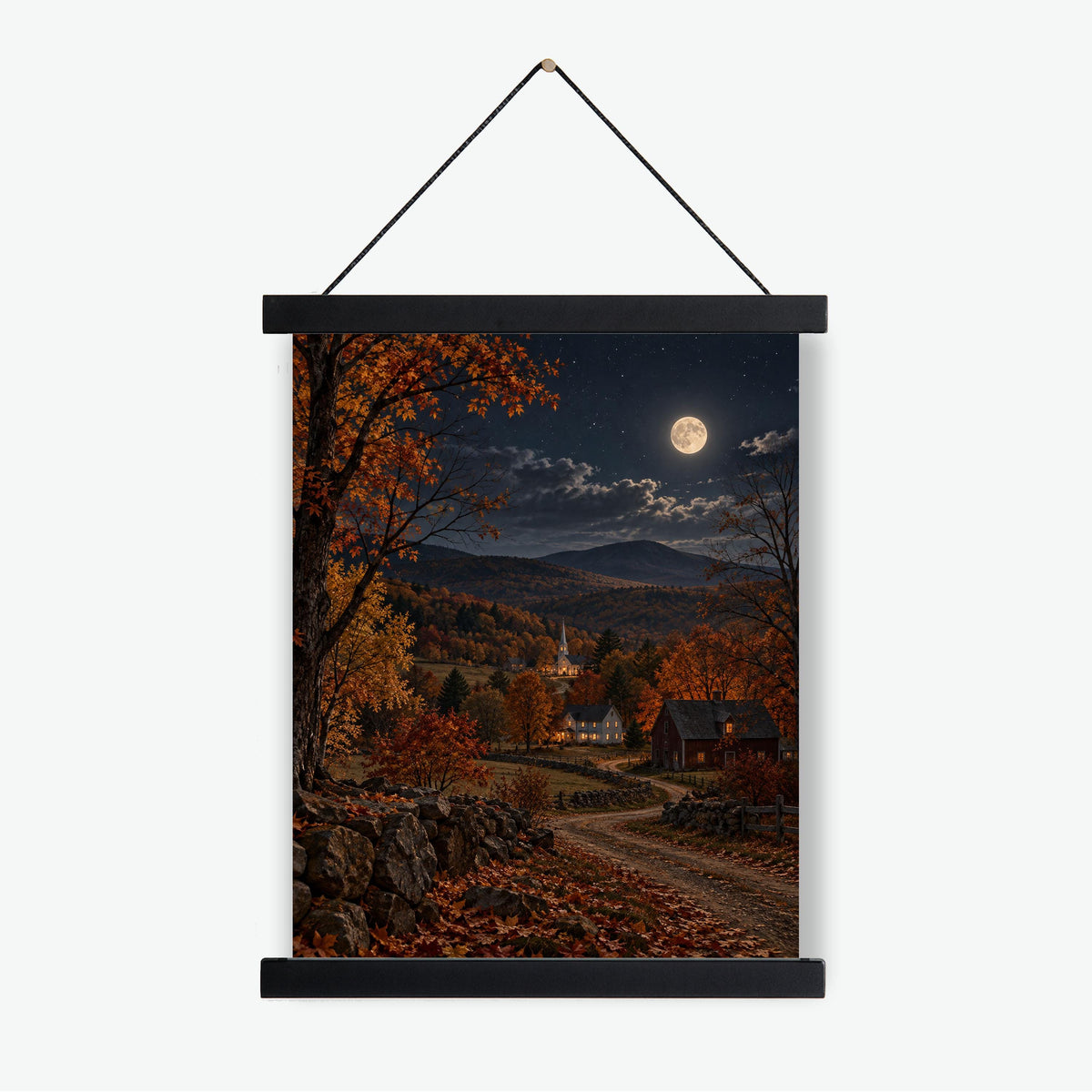 Autumn Country Landscape Art Print | Moonlit New England | Vintage Fall | Home Decor