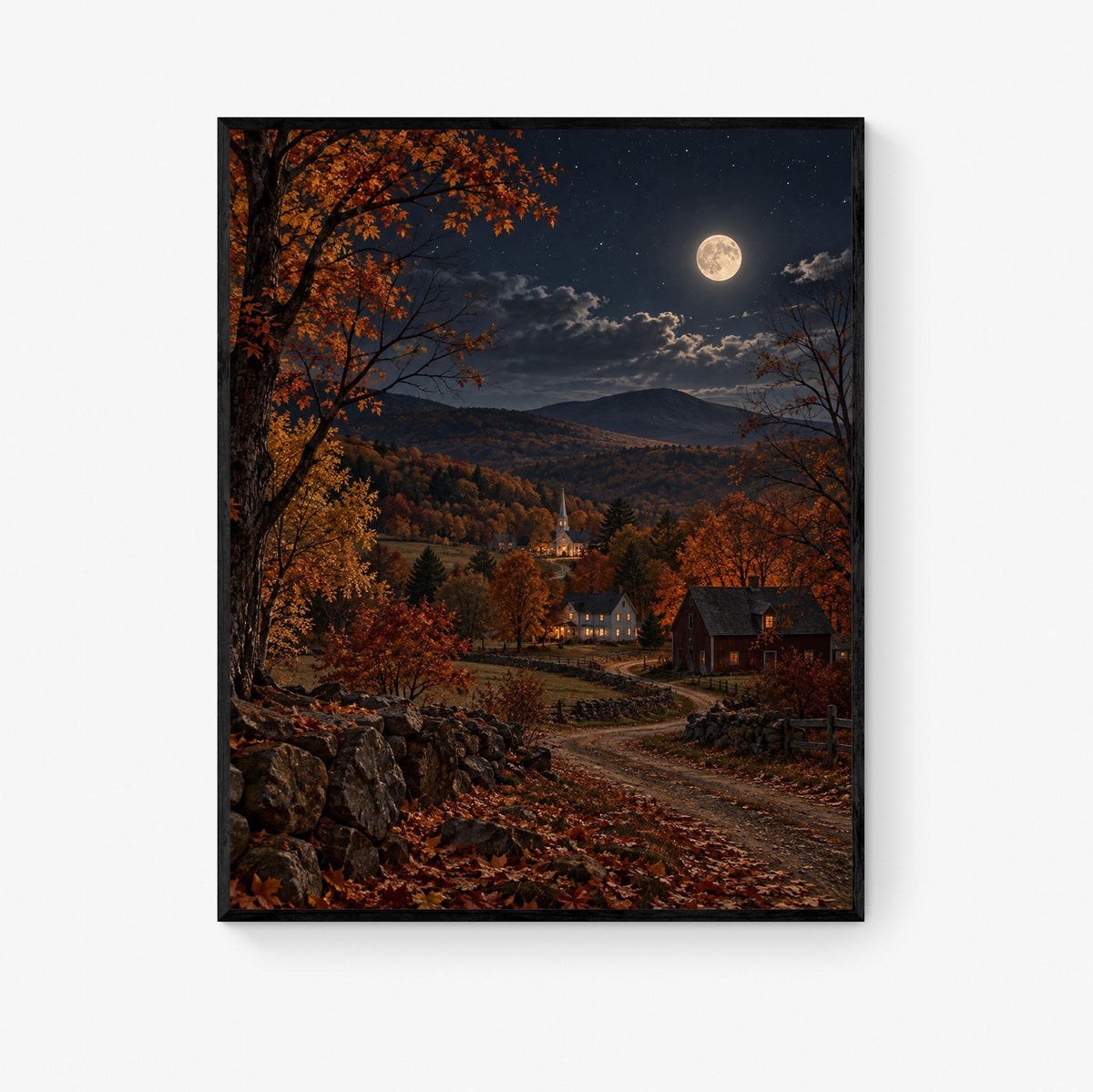 Autumn Country Landscape Art Print | Moonlit New England | Vintage Fall | Home Decor