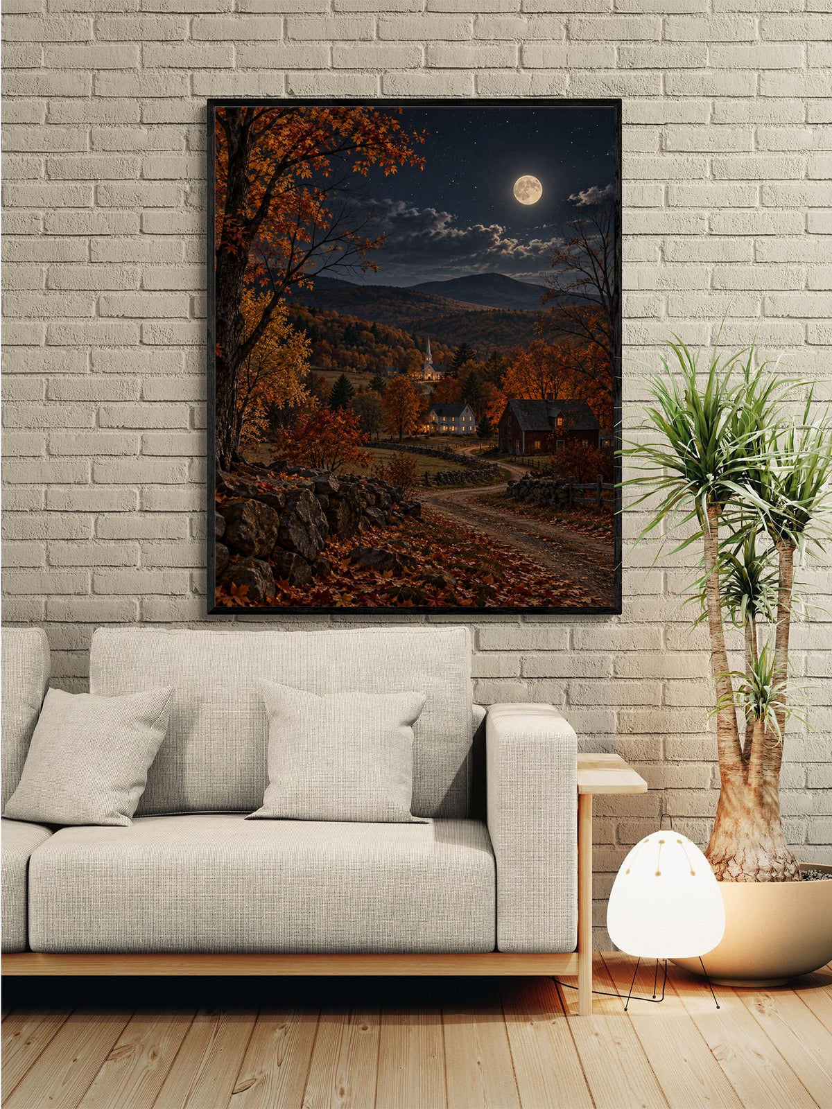 Autumn Country Landscape Art Print | Moonlit New England | Vintage Fall | Home Decor