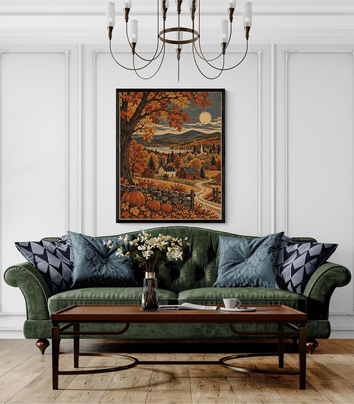 Autumn New England Landscape Art Print | Moonlit Countryside | Vintage Fall | Home Decor