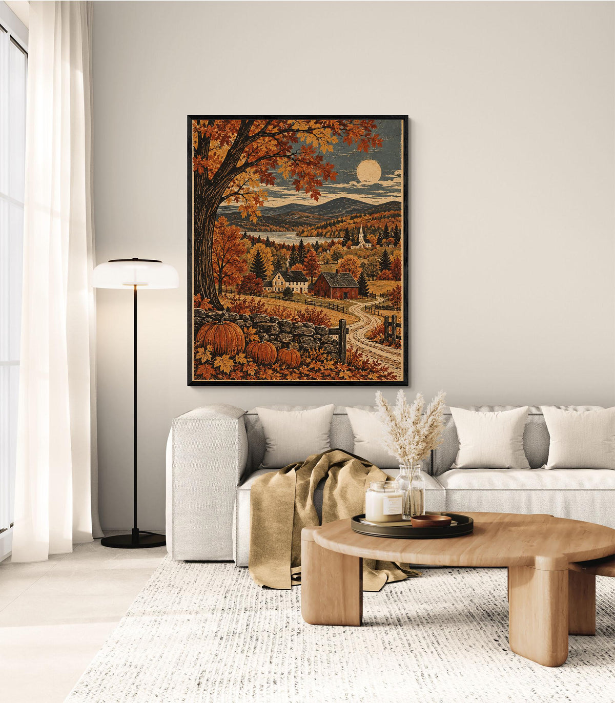 Autumn New England Landscape Art Print | Moonlit Countryside | Vintage Fall | Home Decor