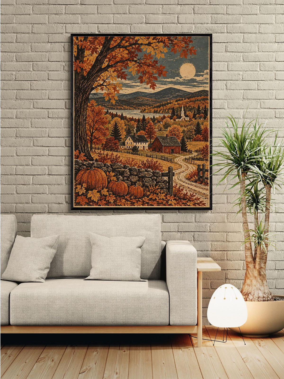 Autumn New England Landscape Art Print | Moonlit Countryside | Vintage Fall | Home Decor